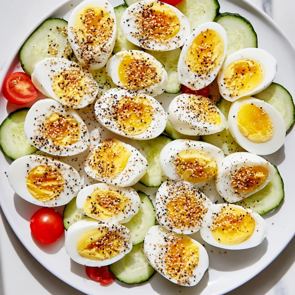 Everything bagel seasoning sprinkled over fresh, delightful sliced hard-boiled eggs on a brunch arrangement.