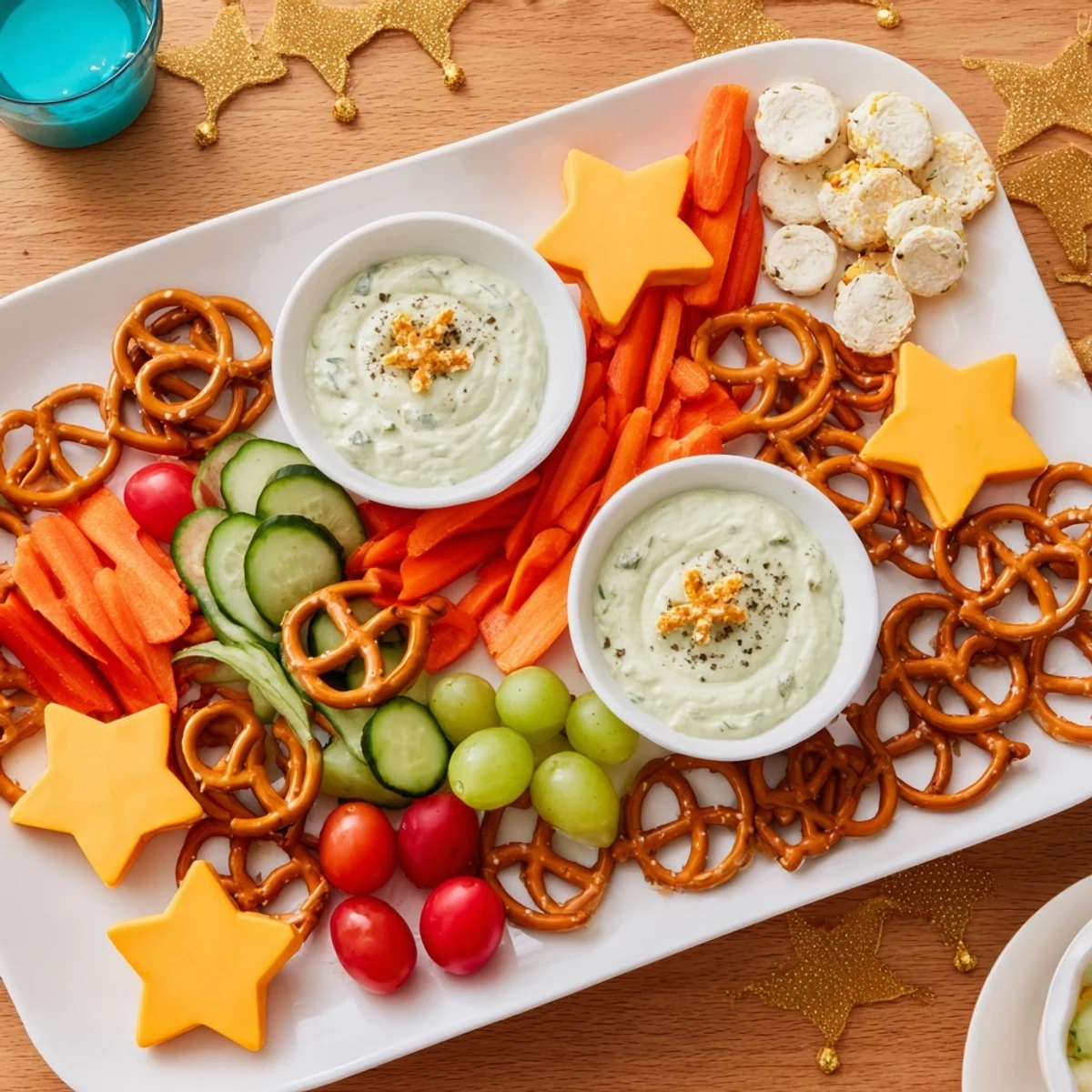 This Kids Snack Adventure Map features cheese cutouts and fresh dips, an interactive and tasty platter.