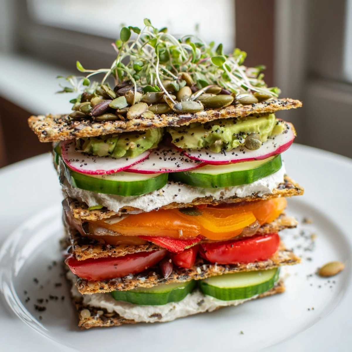 Visualize this Gluten-Free Gourmet Tower: crackers, bread, and vibrant toppings, ready to enjoy.