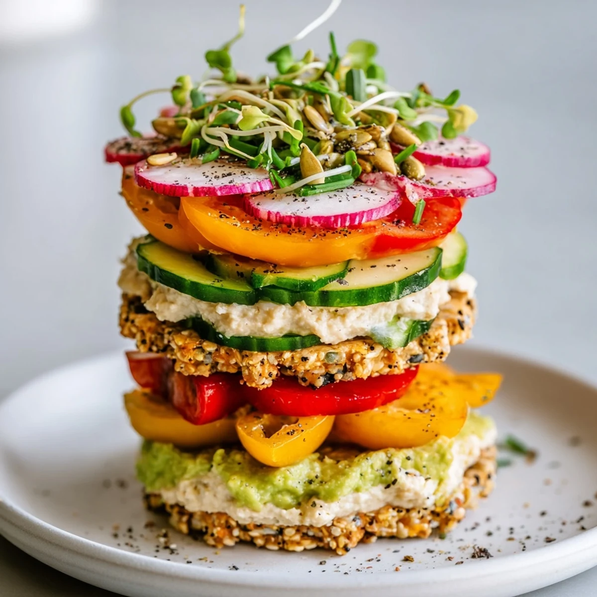 A beautiful Gluten-Free Gourmet Tower with colorful layers of fresh ingredients and toppings.