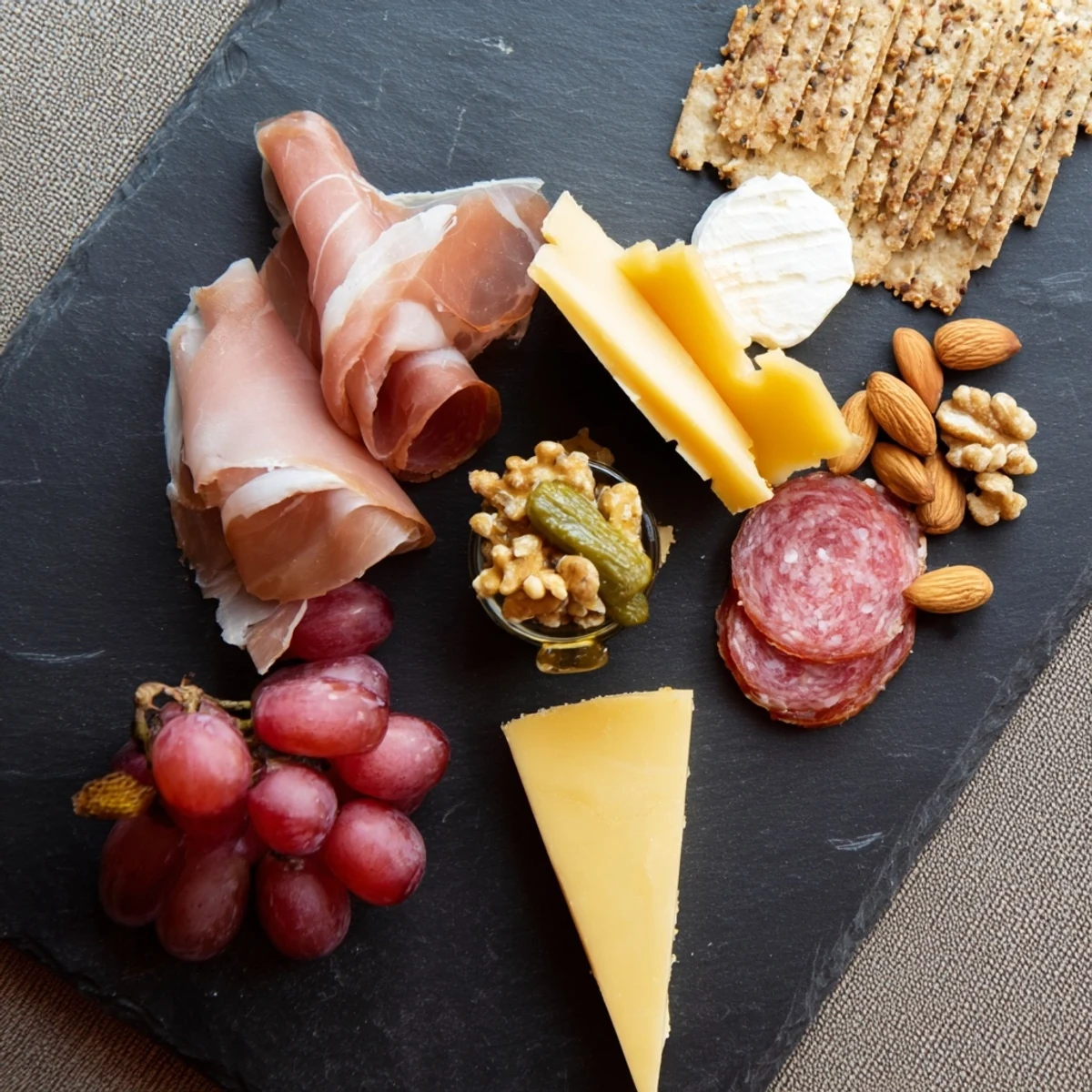 A tempting Charcuterie Board for One displays savory meats, cheeses, and grapes for a solo treat.