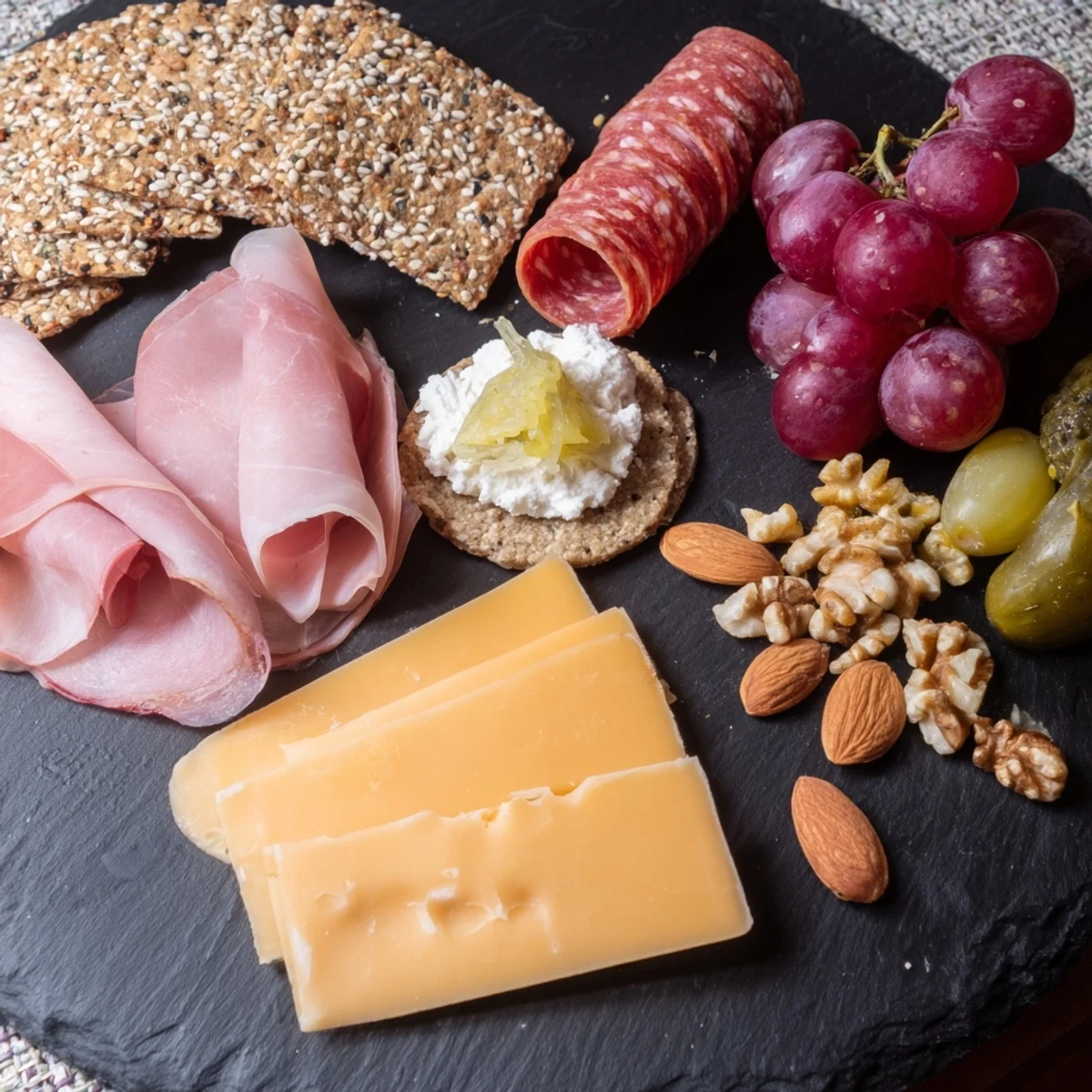 This Charcuterie Board for One features artfully arranged meats, cheeses, and vibrant accompaniments for enjoyment.