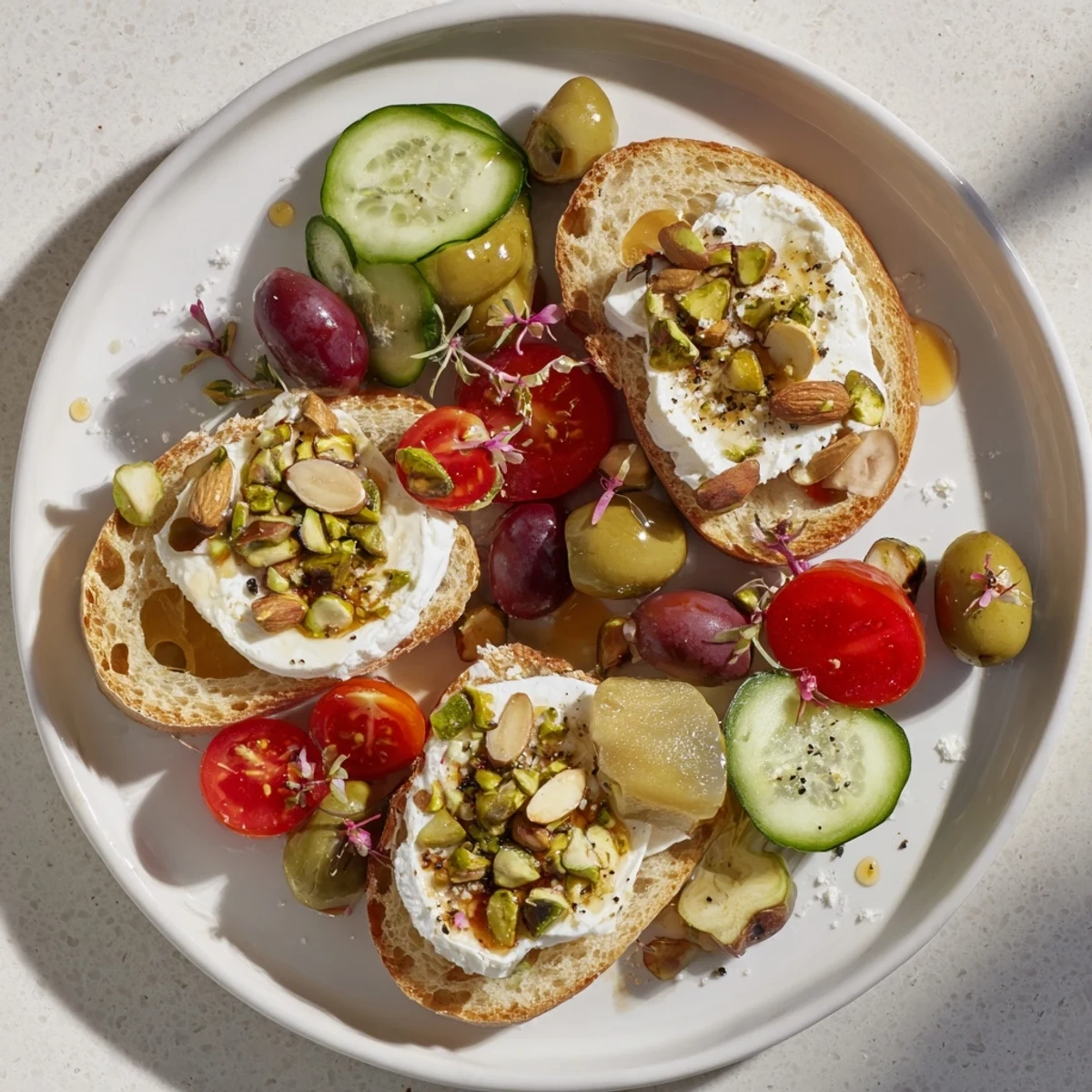 Close up shot of the beautifully arranged Zero-Proof Celebration Spread featuring goat cheese and sparkling drinks.