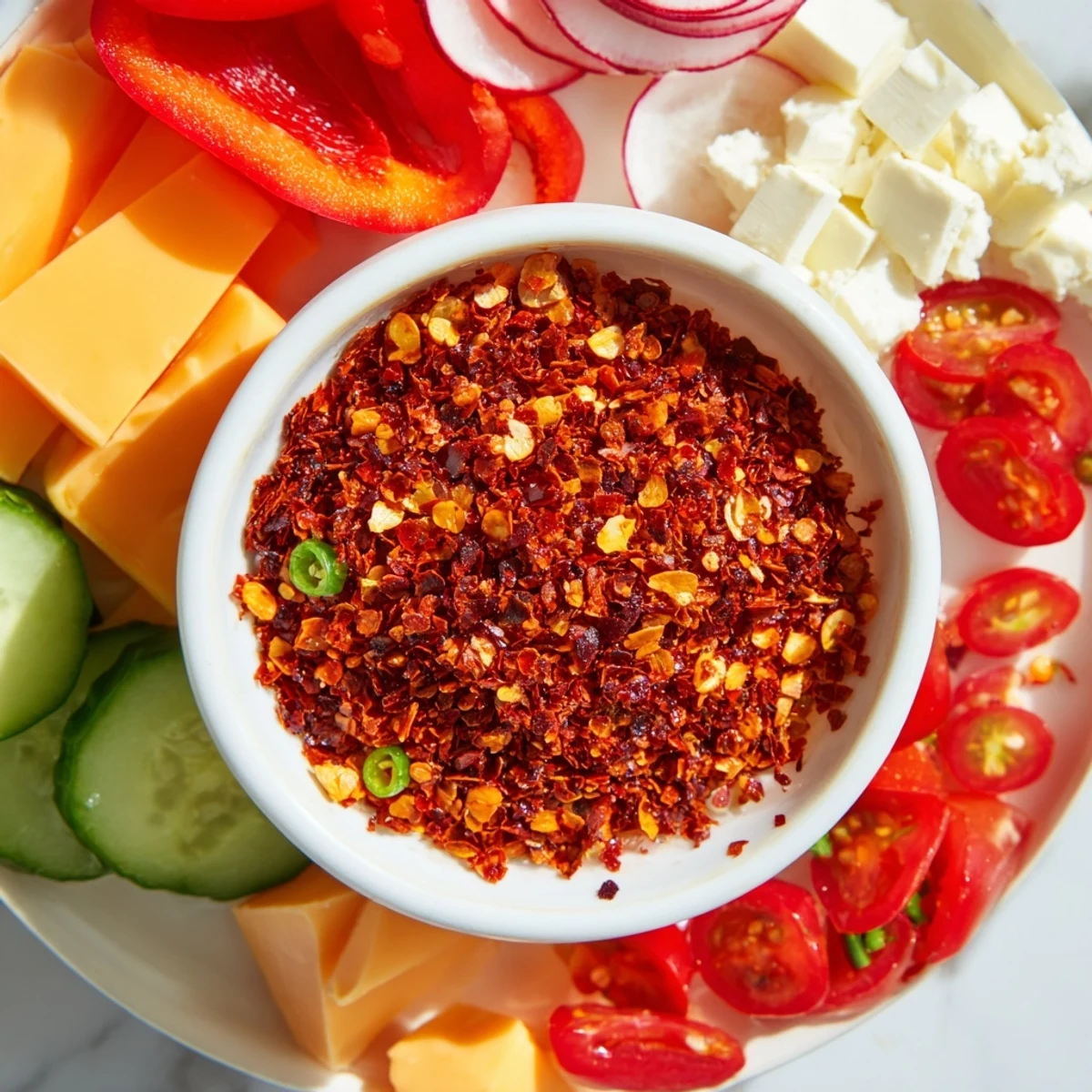A close-up of The Spicy Hot Take Platter: inviting appetizers, chili flakes, and sliced chorizo.