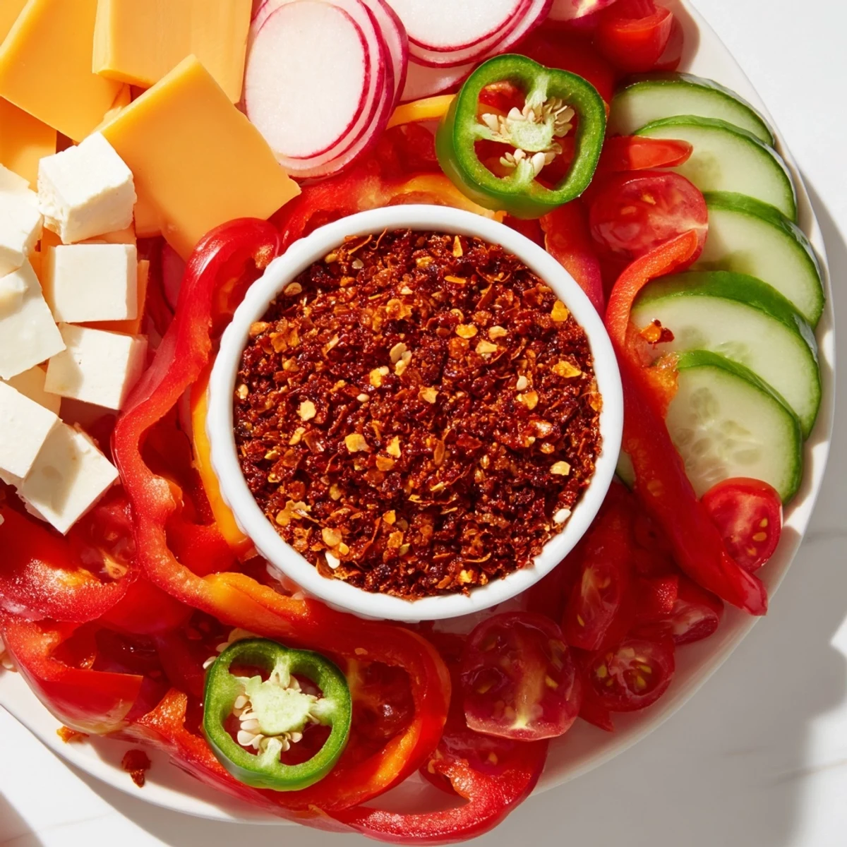 Enjoy the visually stunning Spicy Hot Take Platter, perfect for parties with spicy hummus dips.