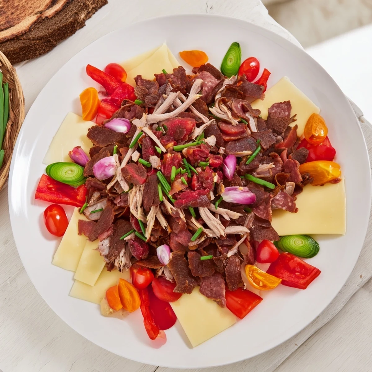 Vibrant Keto Power Plate presentation features sliced meats with cheeses and crisp, refreshing vegetables.