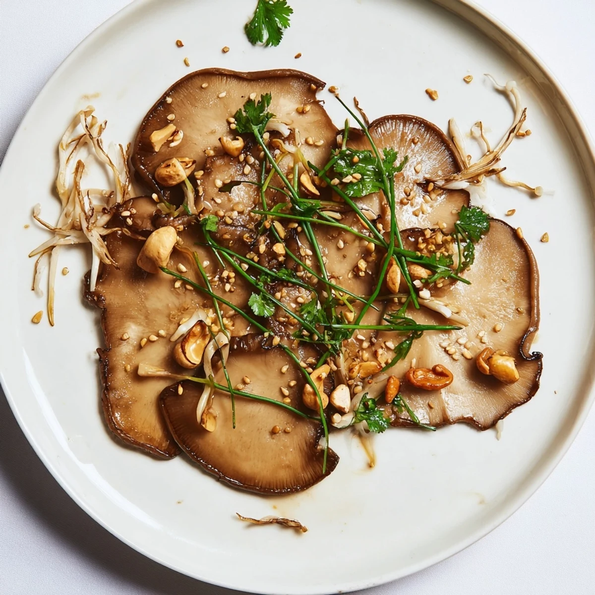 Golden-brown shiitake mushrooms highlight this Umami Bomb Asian Delight, encircled by colorful pickled vegetables and fresh herbs.