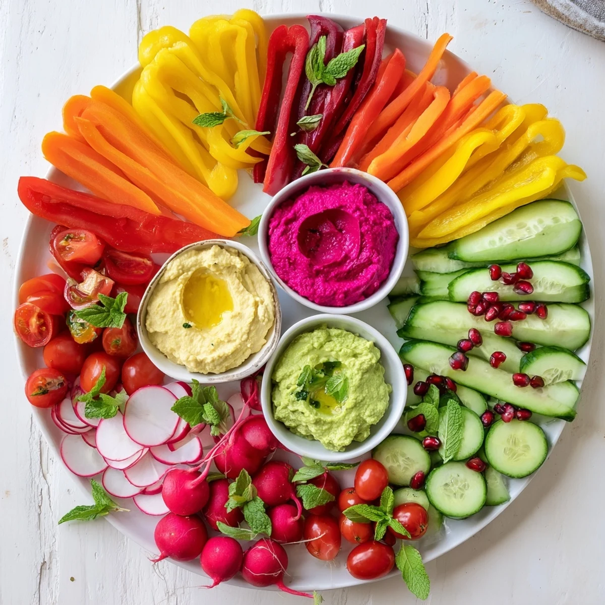 Vibrant Vegan Global Gardener Platter, showcasing colorful fruits, veggies, and creamy dips, ready to serve and enjoy.