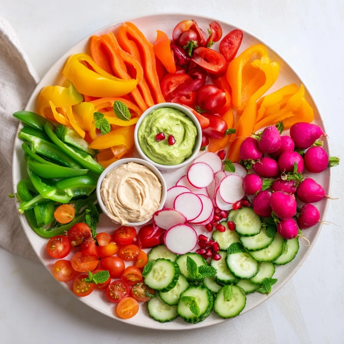 A delicious Vegan Global Gardener Platter; explore fresh, colorful ingredients like radishes, strawberries, and creamy hummus.