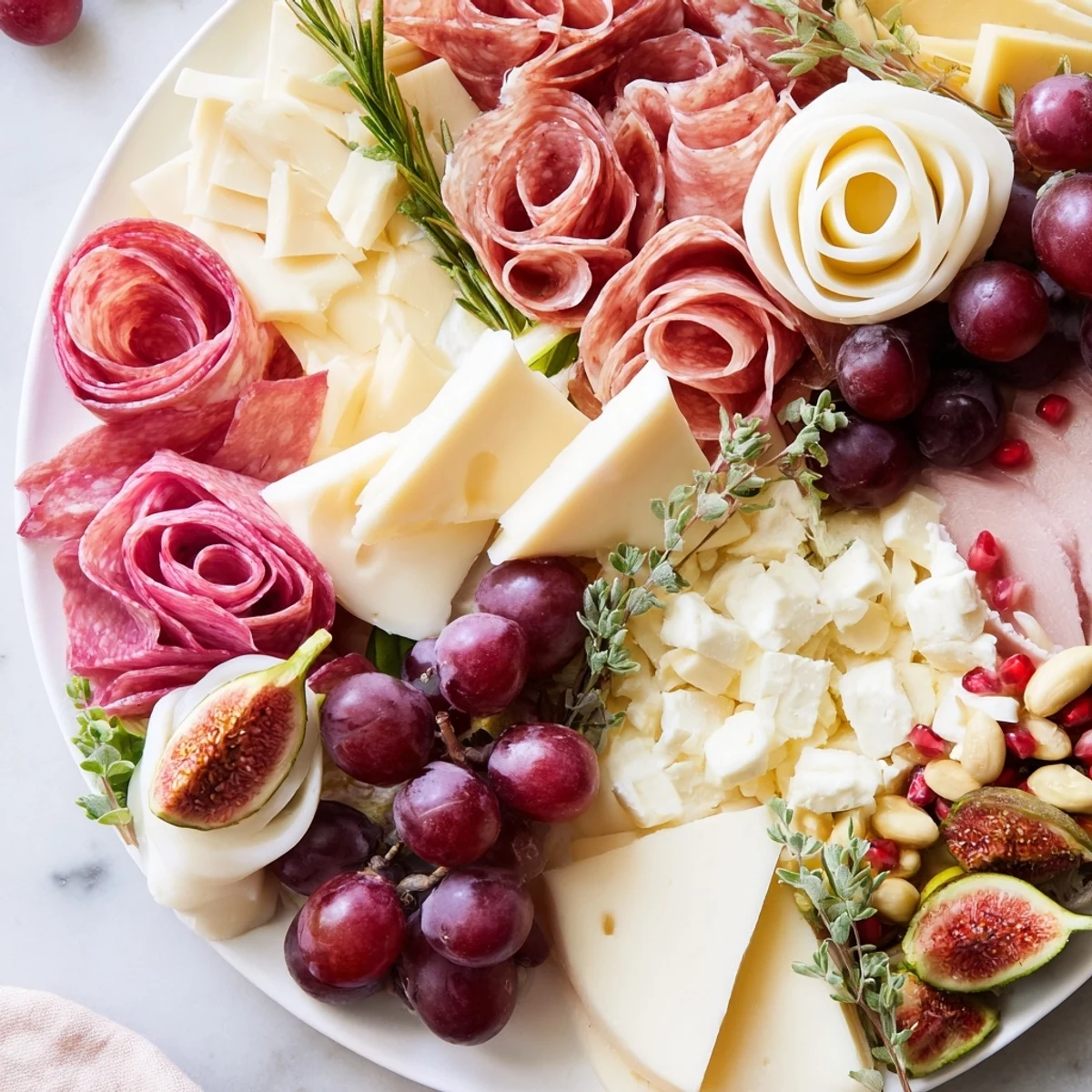 An Advanced Artisan Array charcuterie board with artful meat folds, cheeses, and garnishes.