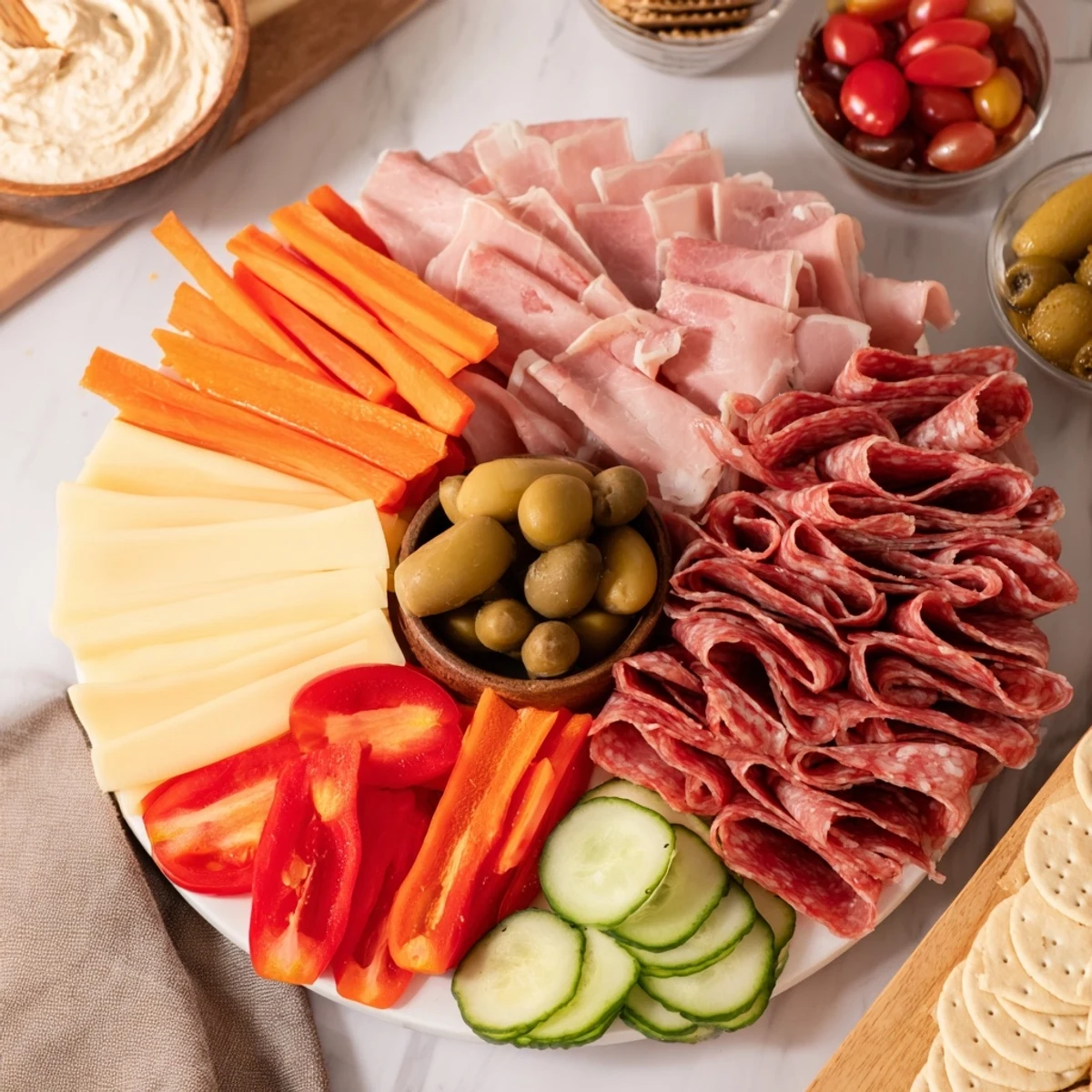 A vibrant Budget-Friendly Family Spread featuring ham, cheese, and crunchy vegetable sticks for sharing.