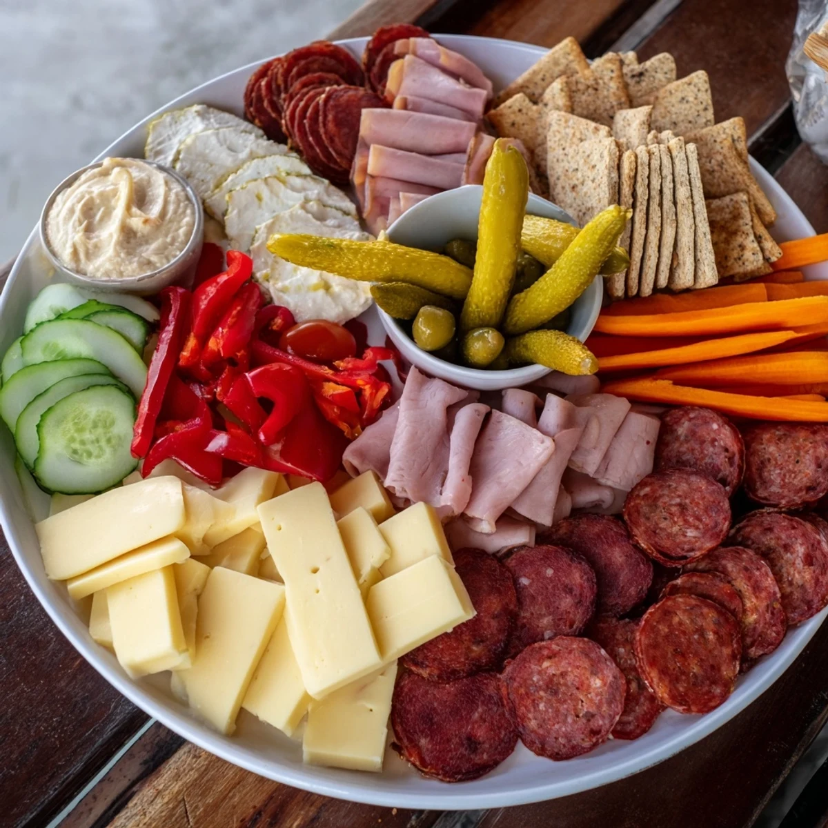 This enticing Budget-Friendly Family Spread showcases colorful meats and cheeses alongside fresh veggies and crackers.