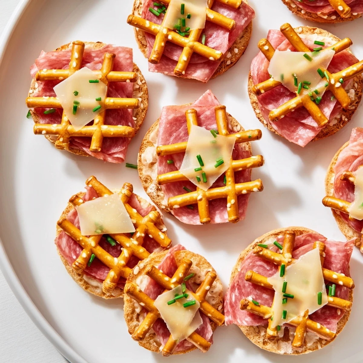 Golden pretzel lattice topping layers of meats and cheeses in this Lattice Window appetizer, ready to serve.