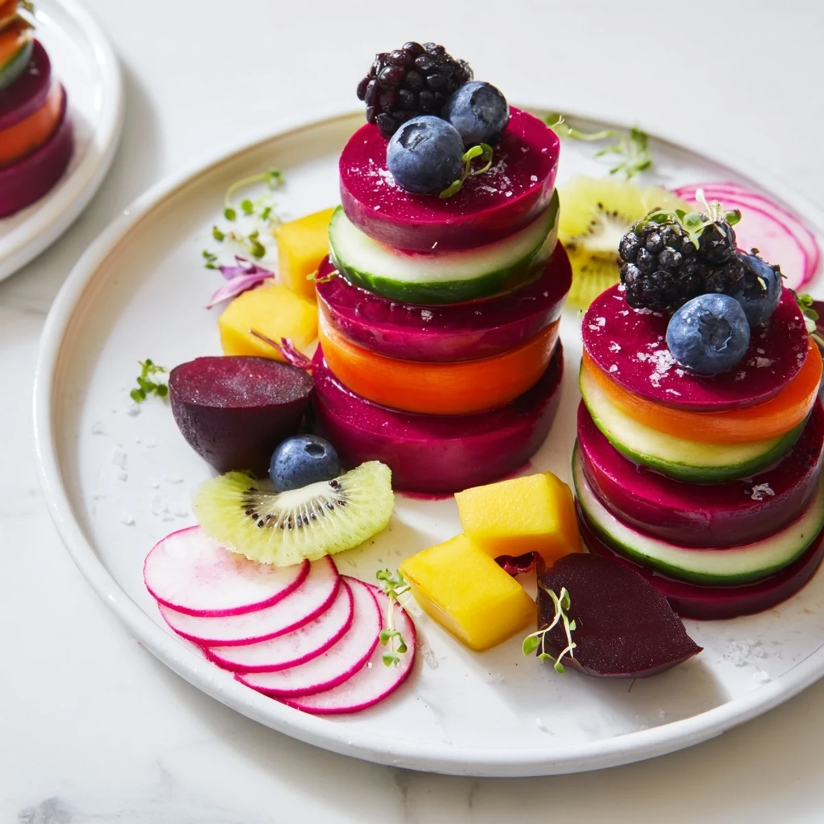 Visually dazzling Neon Night appetizer platter featuring colorful pickles, eggs, and vibrant fruits perfect for entertaining.