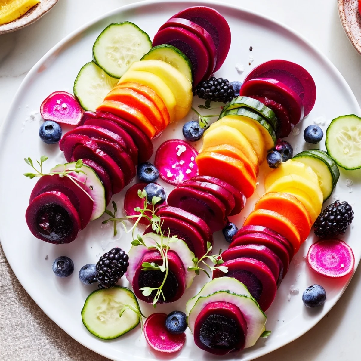 Brightly arranged Neon Night components include magenta beet-dyed eggs, crisp radishes and mango slices on a dark serving board.