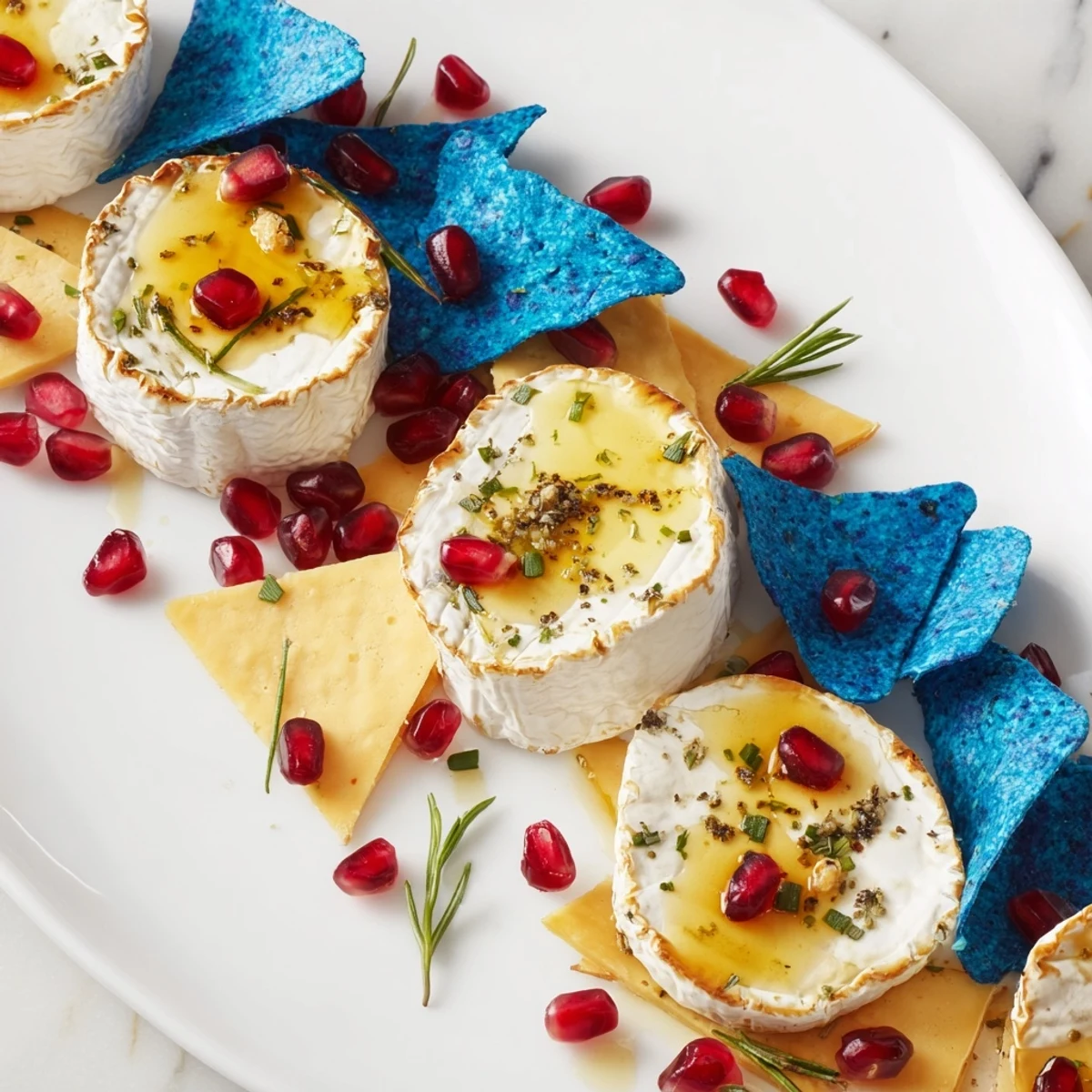 Bright appetizer photo shows goat cheese and brie "stepping stones" over blue corn chips.