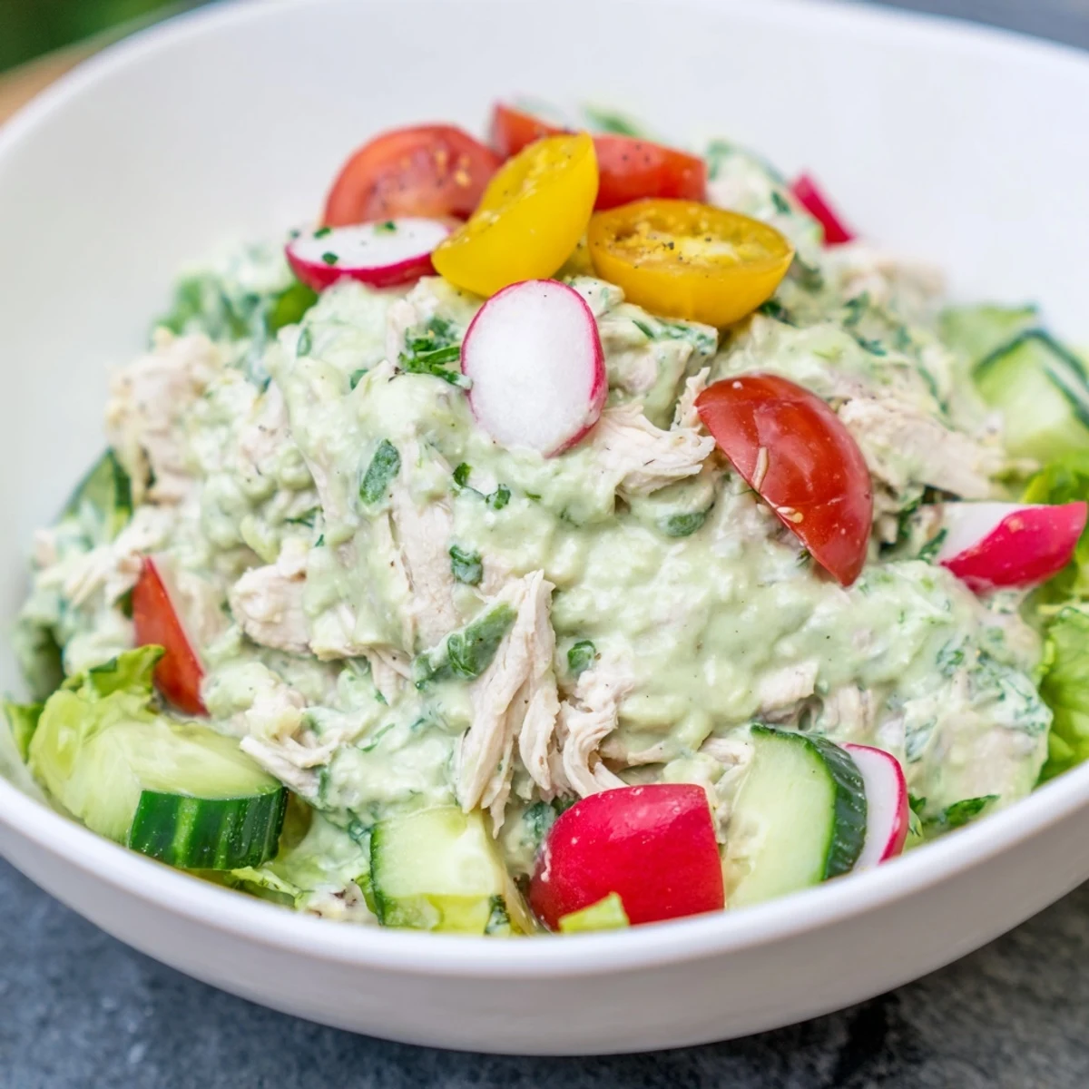 Creamy Green Goddess Chicken Nacho Dip, garnished with fresh herbs and served with crispy tortilla chips.