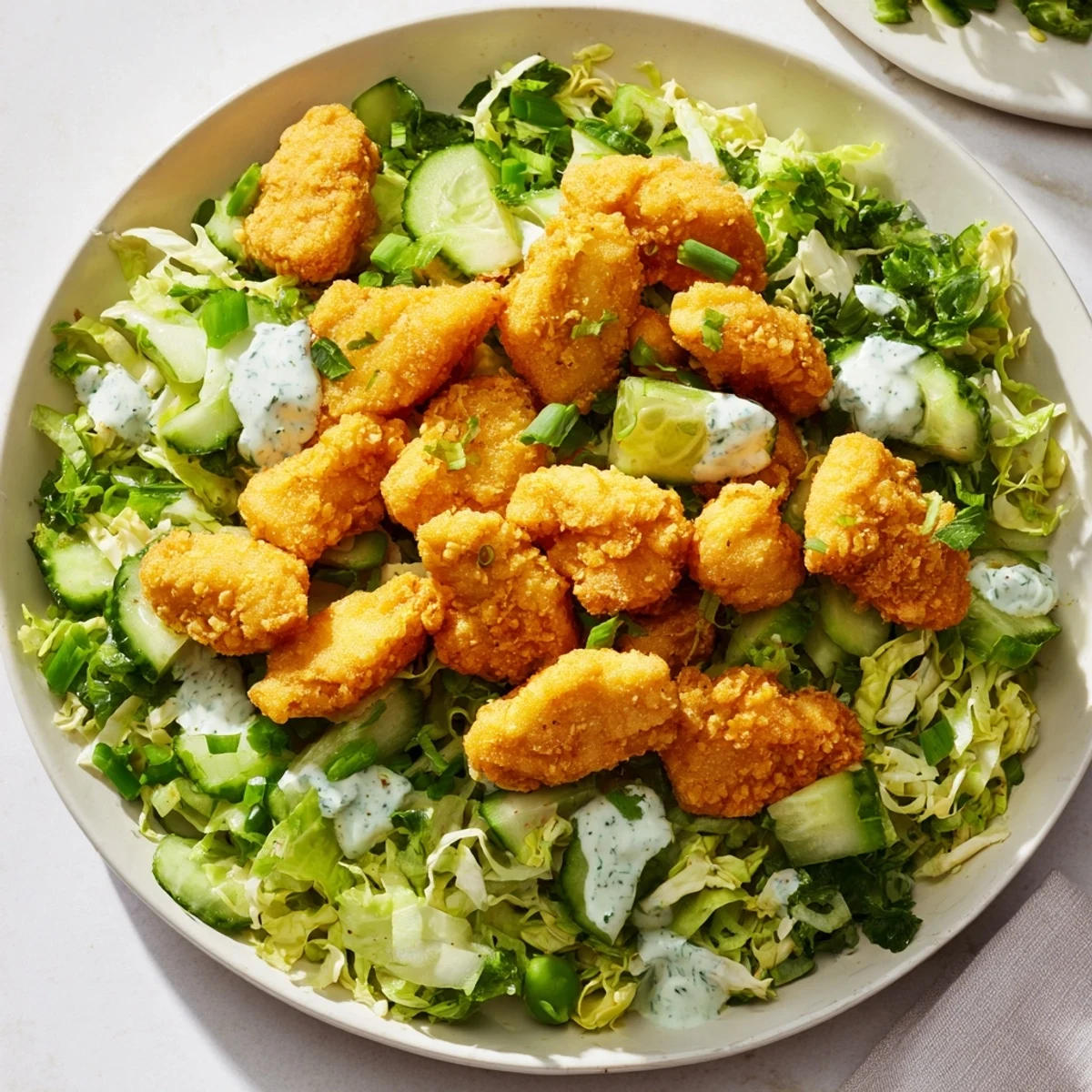 Crisp, golden air-fried chicken nuggets atop vibrant Green Goddess Nugget Salad, perfect for a refreshing lunch.