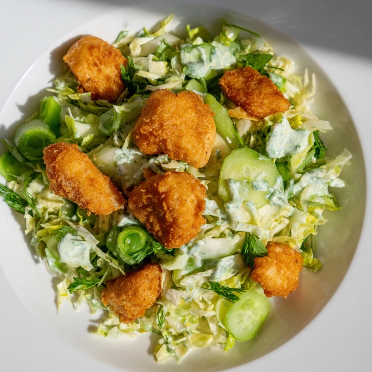 Bright green salad featuring juicy chicken nuggets, a modern take on the viral Green Goddess Nugget Salad.