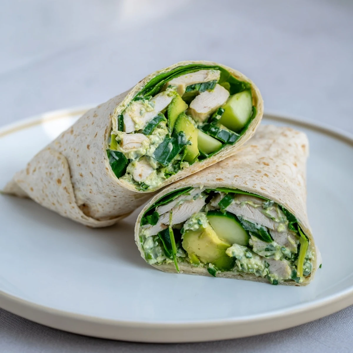 Green Goddess Wellness Wrap filled with juicy chicken, creamy avocado, and vibrant green goddess dressing.