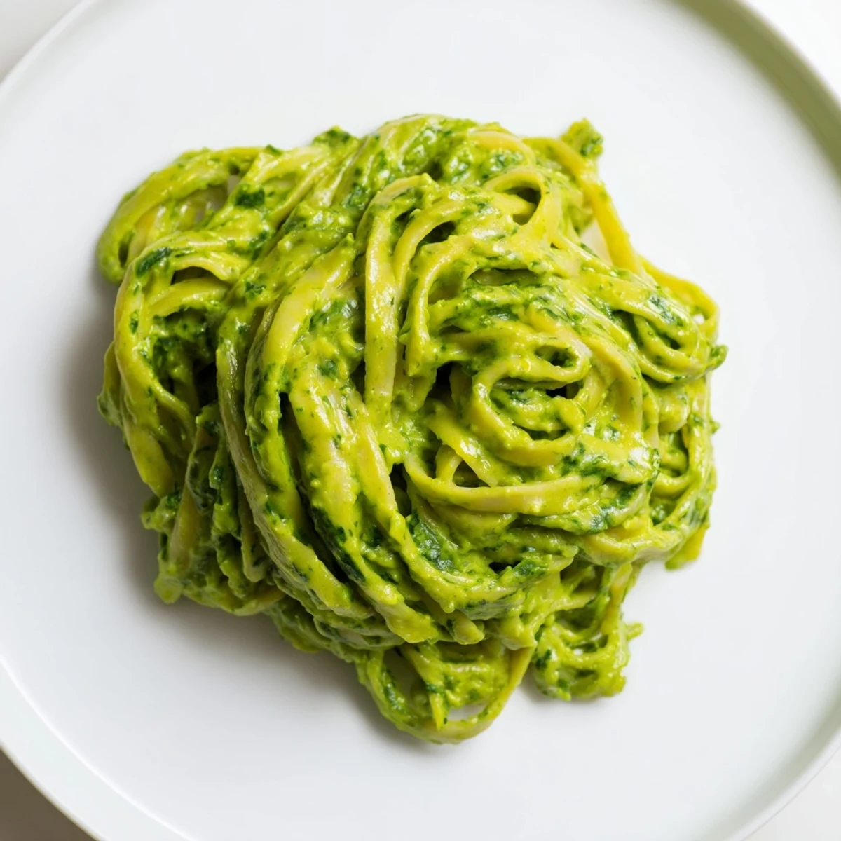 Vibrant green Green Goddess Pasta Sauce coats linguine, ready to be enjoyed with fresh herbs.