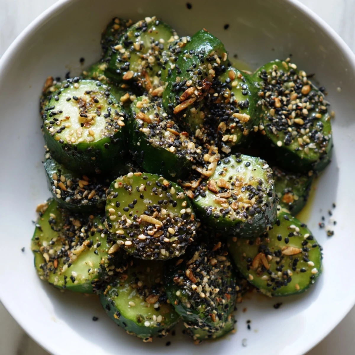 Crisp cucumber shaker, generously coated in everything bagel seasoning, ready to enjoy as a refreshing snack.