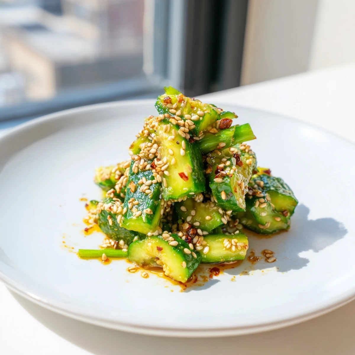 Enjoy this refreshing Cucumber Shaker appetizer, showcasing bright green cucumbers with sesame seeds sprinkled on top.