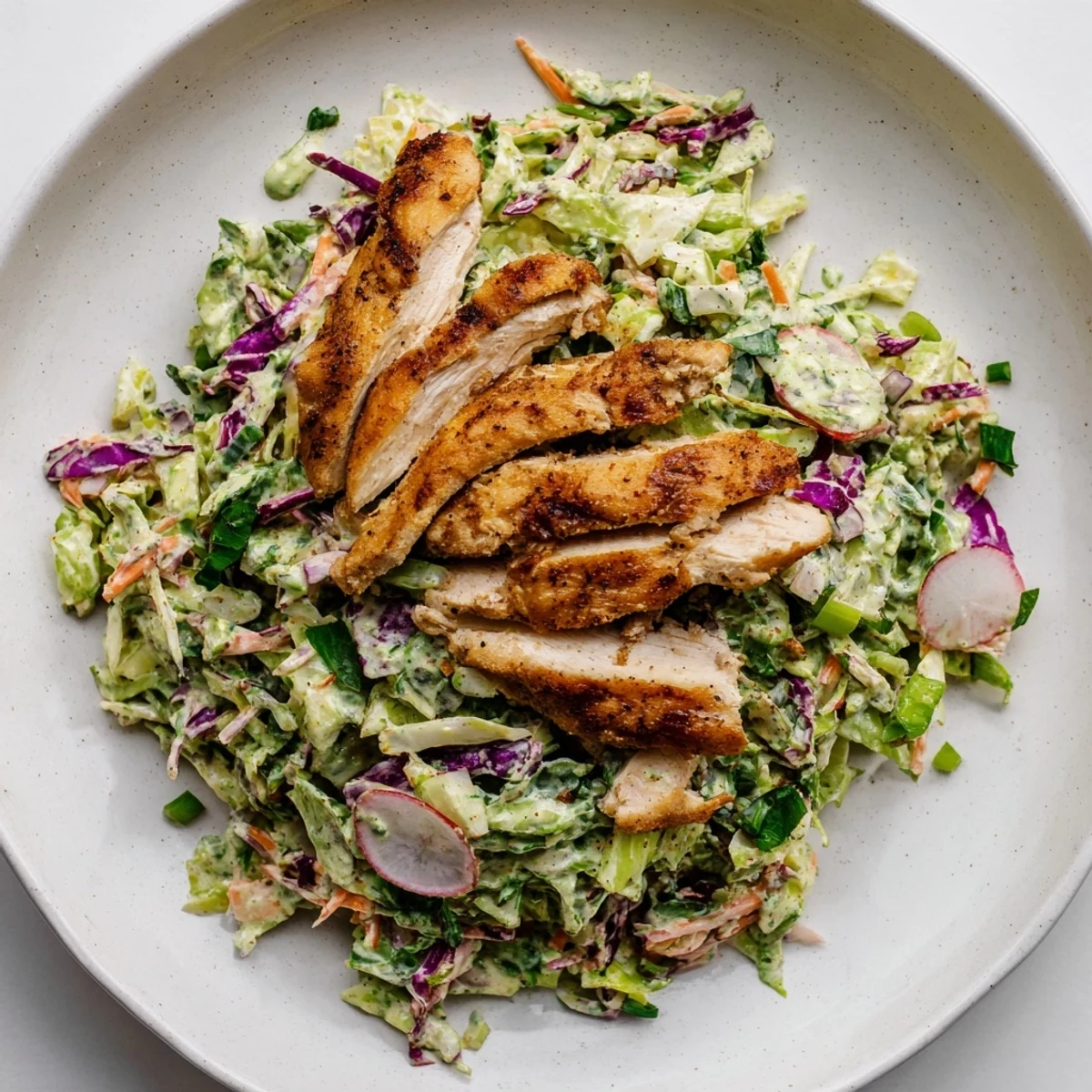 Green Goddess Cabbage Slaw with Grilled Chicken, featuring tender chicken atop colorful cabbage slaw.