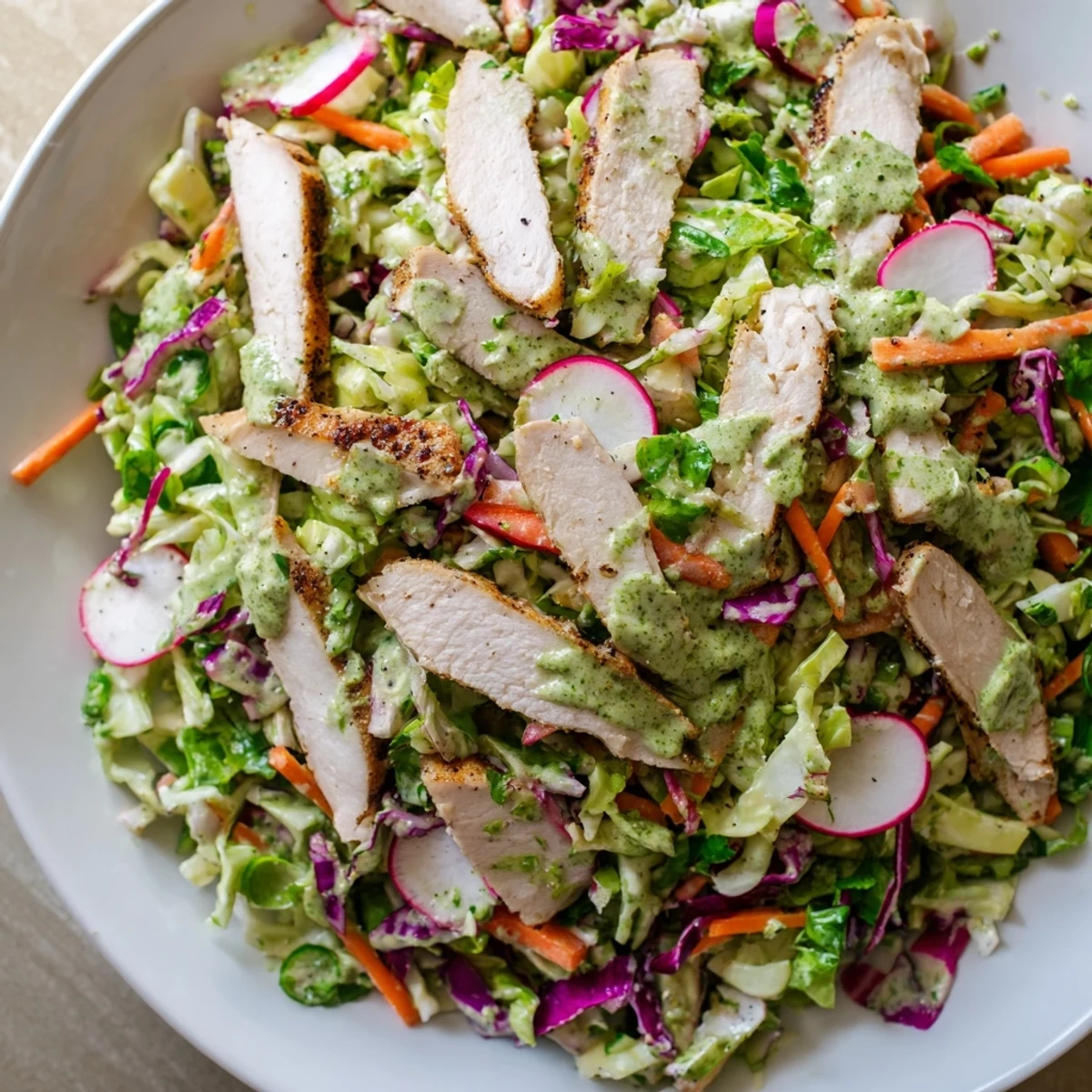 Savor the flavors: cool, creamy Green Goddess Cabbage Slaw with Grilled Chicken for a light lunch.