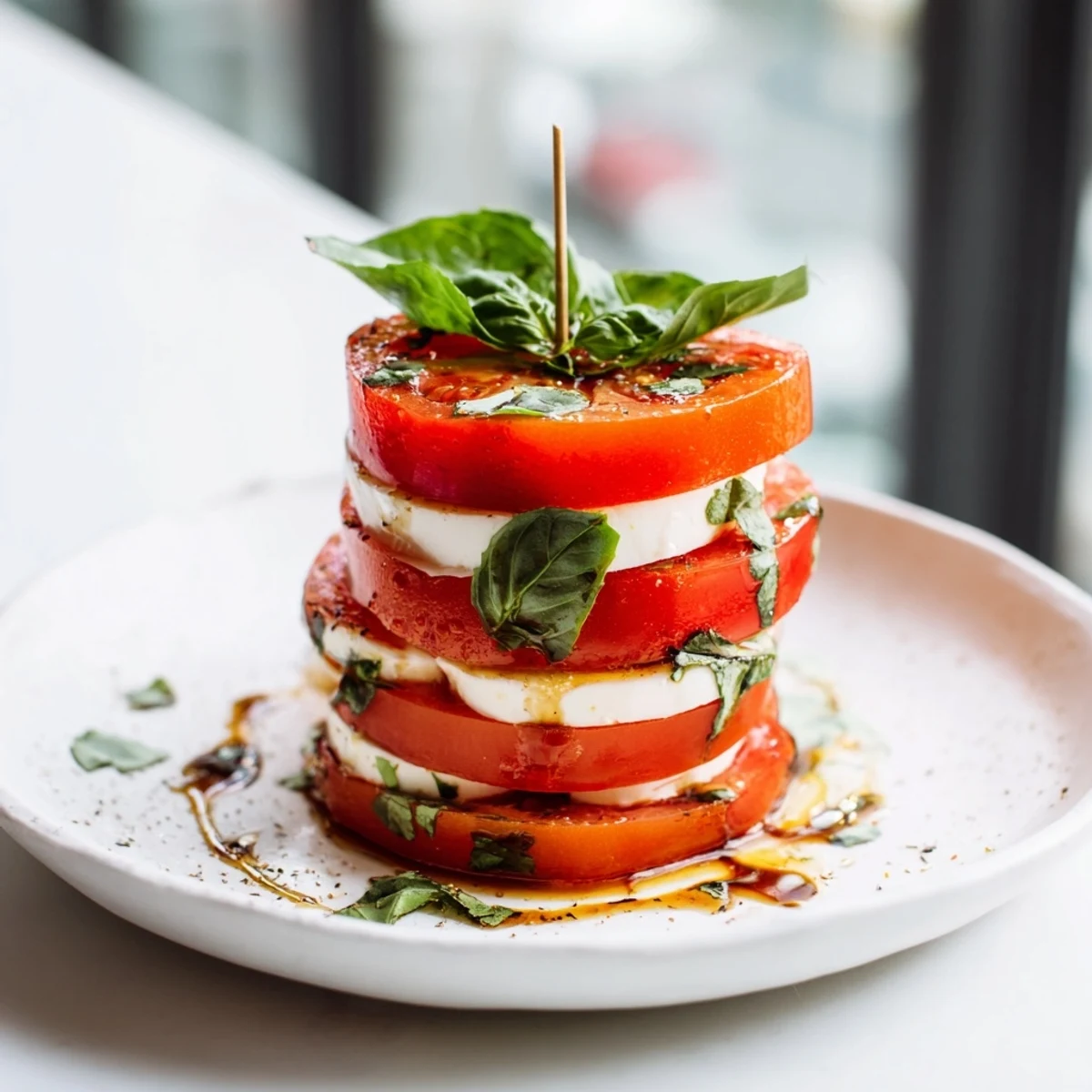 Fresh, layered Tuscan Pillar appetizer with red tomatoes, creamy mozzarella, and basil ready to serve.