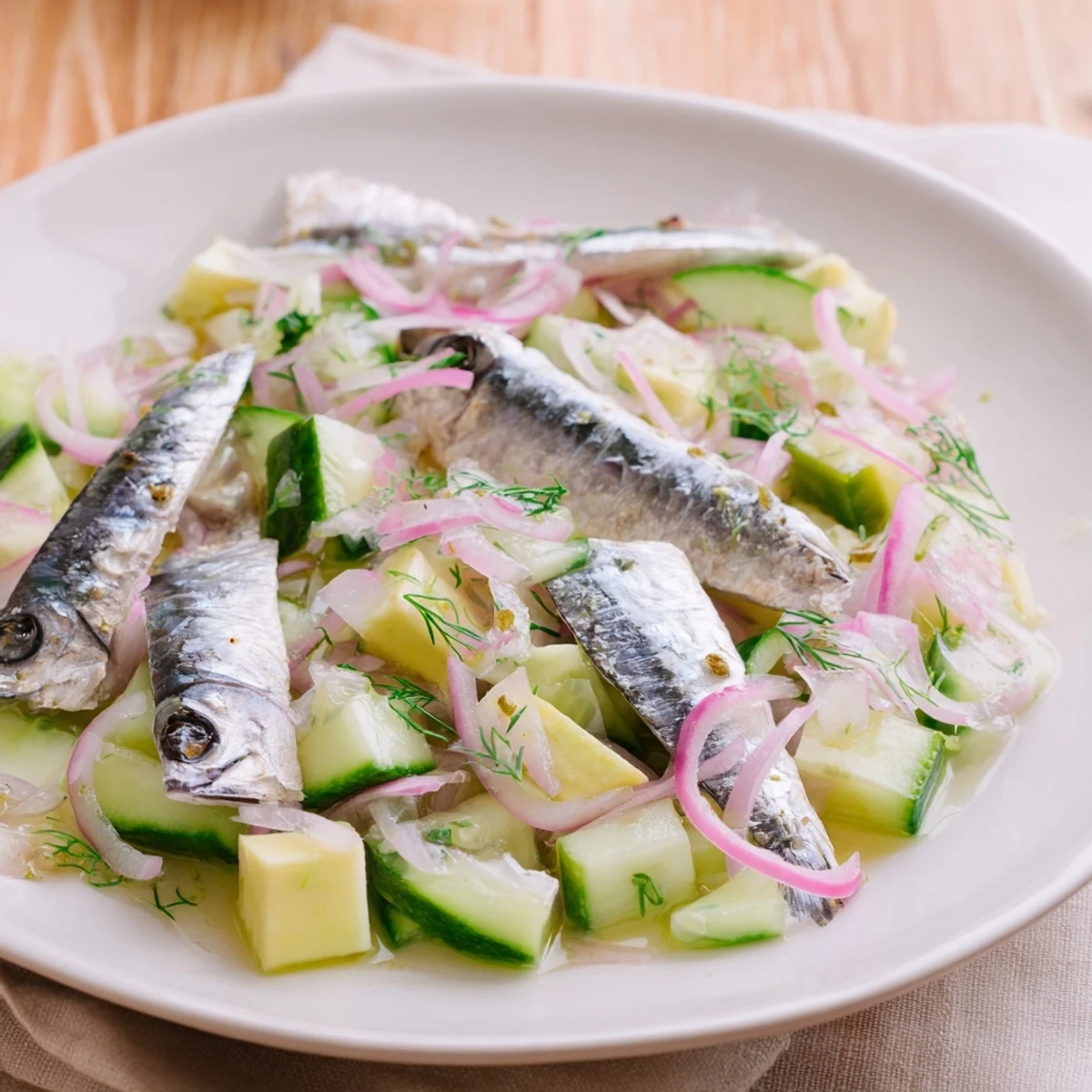 Cucumber Tinned Fish Date Night Salad with vibrant greens and flaky fish, ready to enjoy.