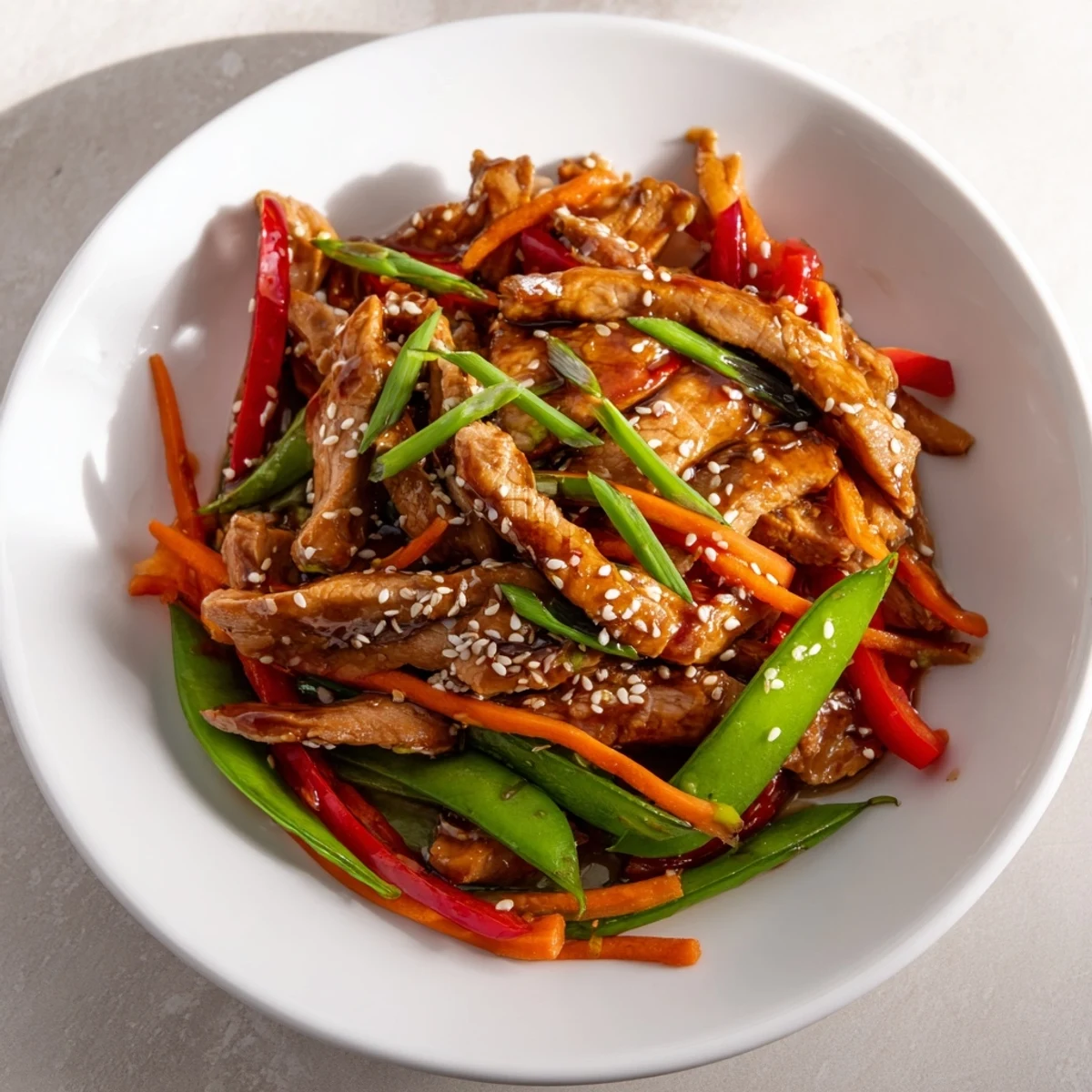 This Sweet Teriyaki Pork Stir-Fry presents a visually appealing medley with glossy, caramelized bits.