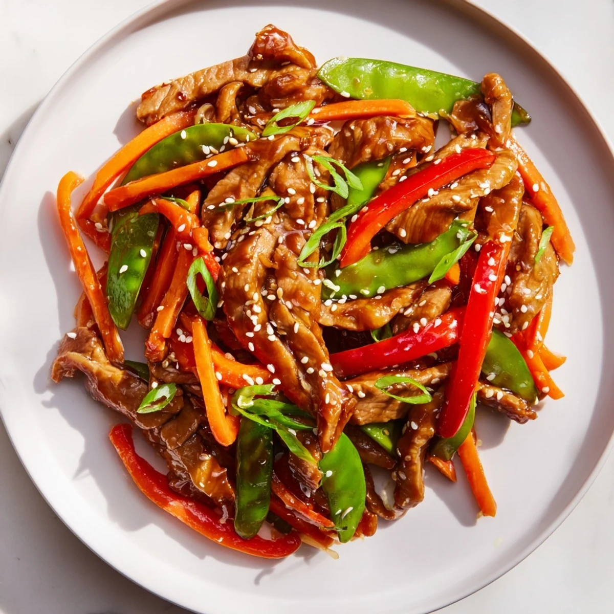 Sizzling Sweet Teriyaki Pork Stir-Fry boasts tender pork and colorful vegetables in a rich sauce.