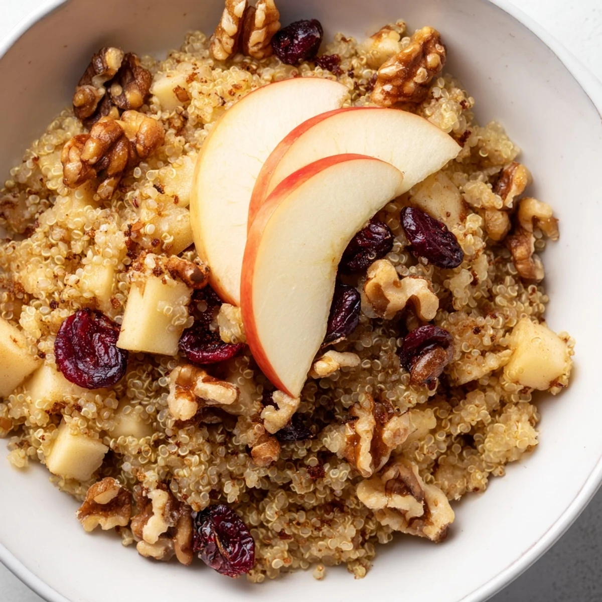 Warm Apple Cinnamon Quinoa Bowl topped with nuts, raisins, and a drizzle of maple syrup.