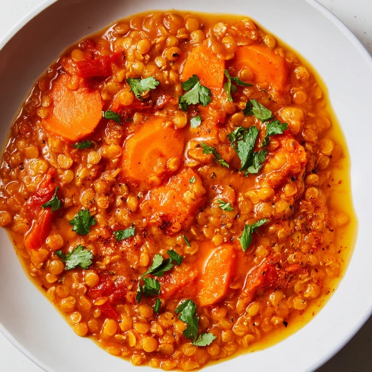 Steaming bowl of Spiced Carrot Lentil Soup, vibrantly orange, garnished with fresh cilantro, ready to serve.