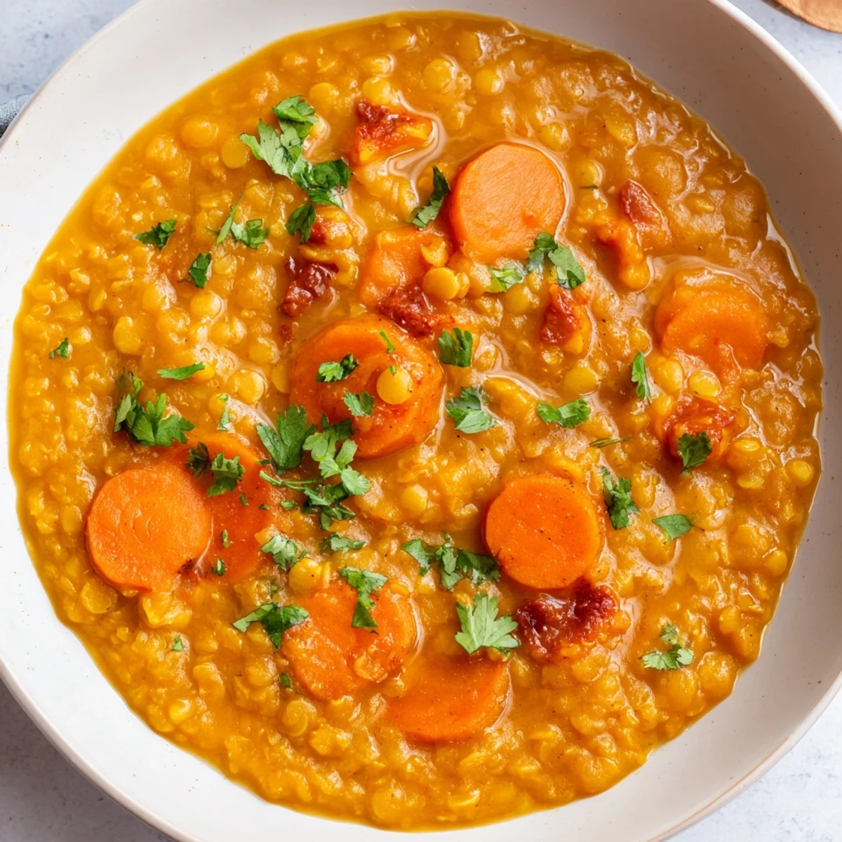 Golden-hued Spiced Carrot Lentil Soup bubbling gently, with visible lentils and carrots, offers comforting warmth.