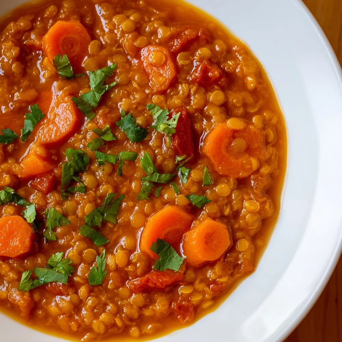 A close-up of hearty Spiced Carrot Lentil Soup ladled into a bowl, perfect for a cold evening meal.