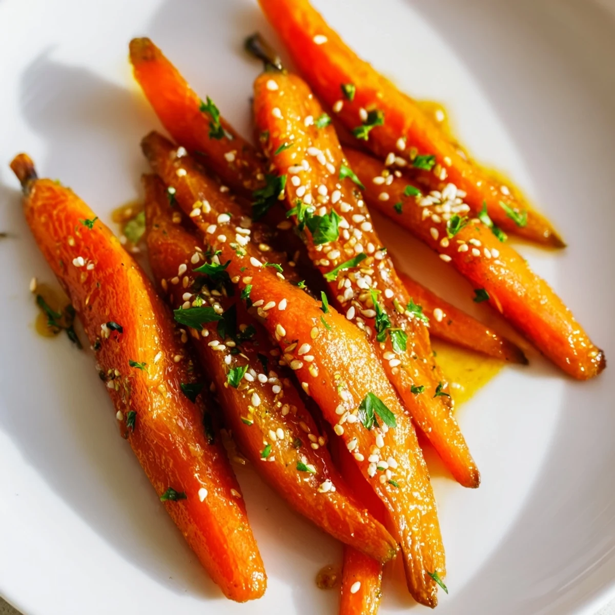 Maple Mustard Roasted Carrots glistening with a sweet glaze, ready to serve as a vibrant side.