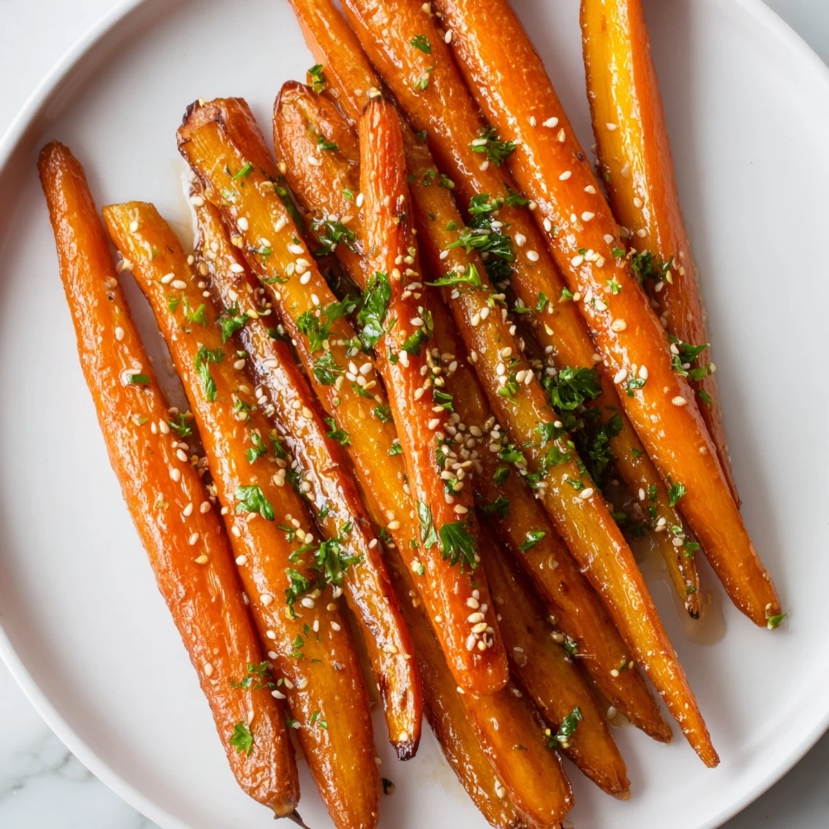Golden-brown Maple Mustard Roasted Carrots, showcasing perfectly caramelized edges for a delicious bite.