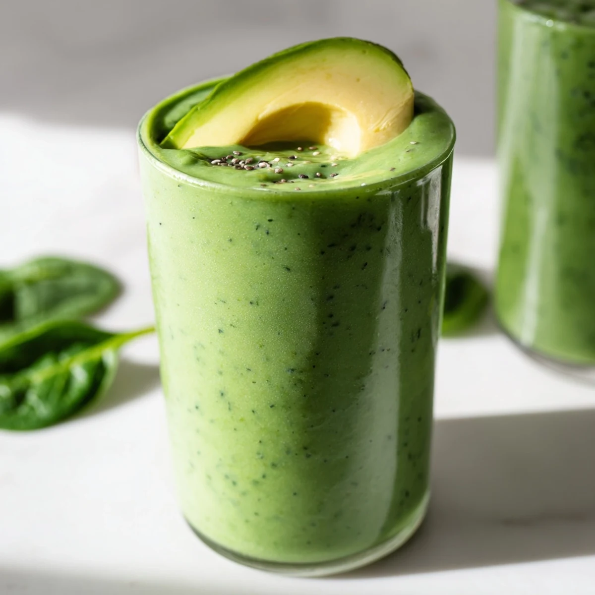 Spinach Avocado Smoothie, a bright green, creamy beverage, perfect for breakfast or a quick snack.