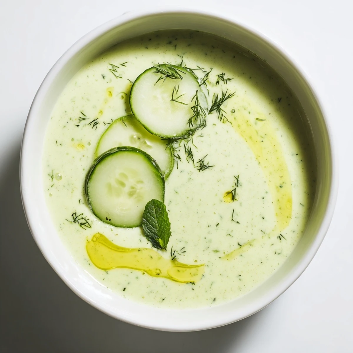 Creamy Chilled Cucumber Garlic Soup garnished with fresh dill, ready to cool you down.