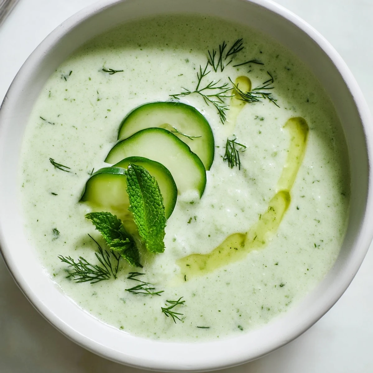 A vibrant bowl of Chilled Cucumber Garlic Soup, a refreshing cold summer meal starter.