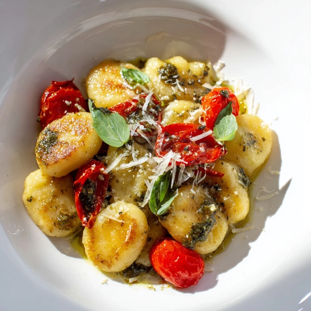 Pan-fried crispy gnocchi coated in homemade pesto, served with tender cherry tomatoes for a tasty meal.