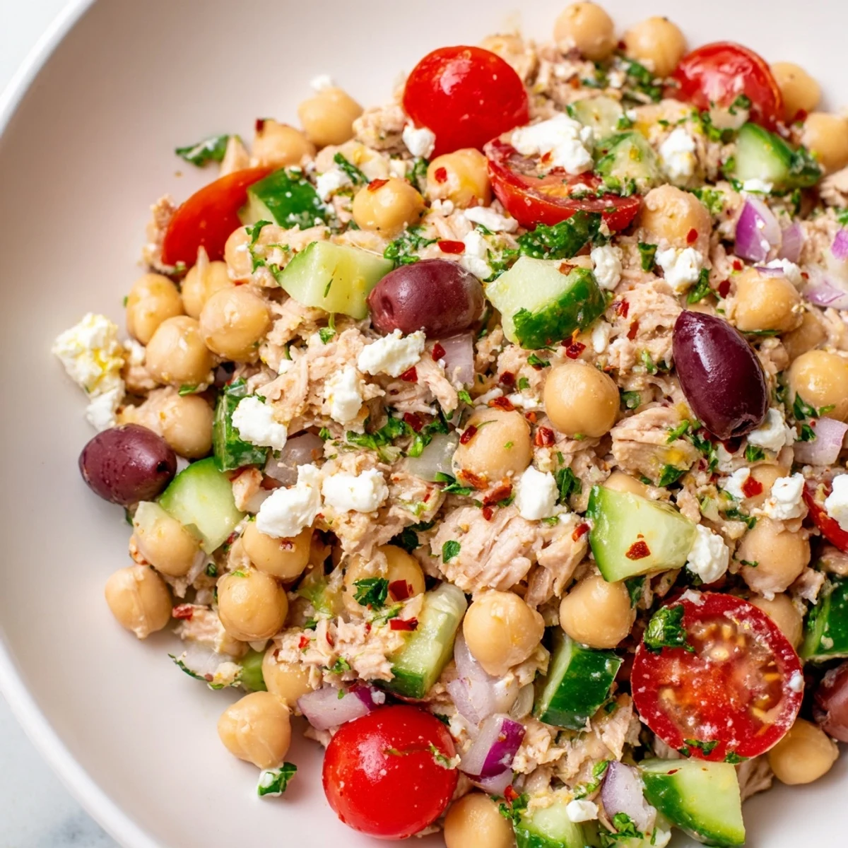 A brightly-lit bowl of creamy tuna chickpea salad, fresh and ready to enjoy.