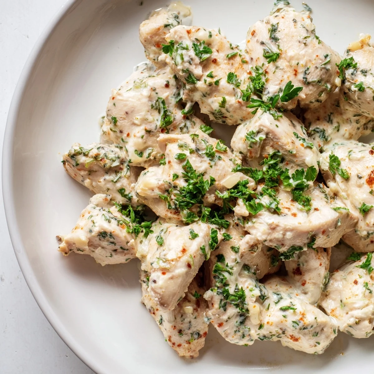 Golden-brown, baked Greek Yogurt Chicken, tender and juicy, resting on a serving platter with lemon wedges.