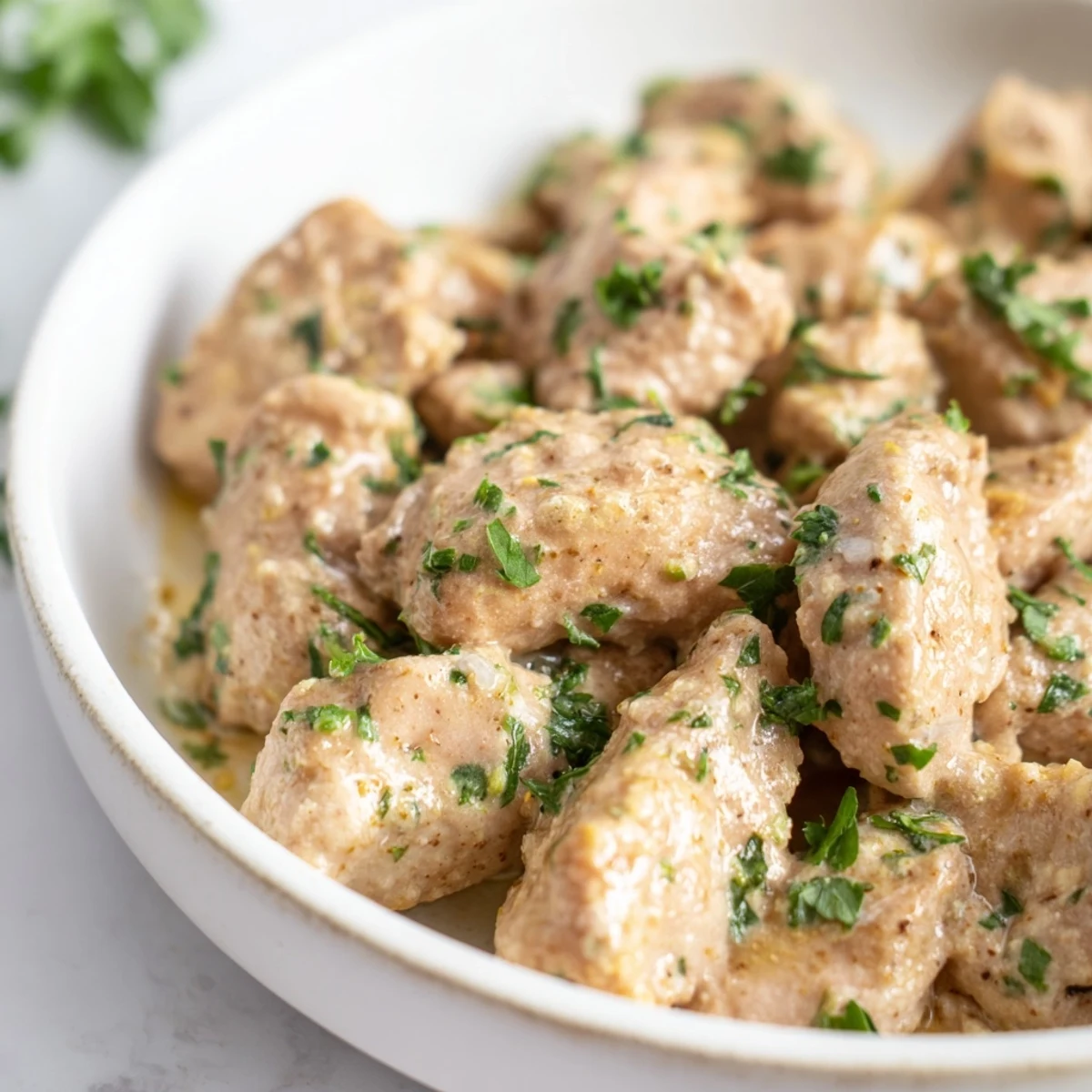 Close-up of Greek Yogurt Chicken breasts, glistening with flavorful marinade and sprinkled with fresh parsley.
