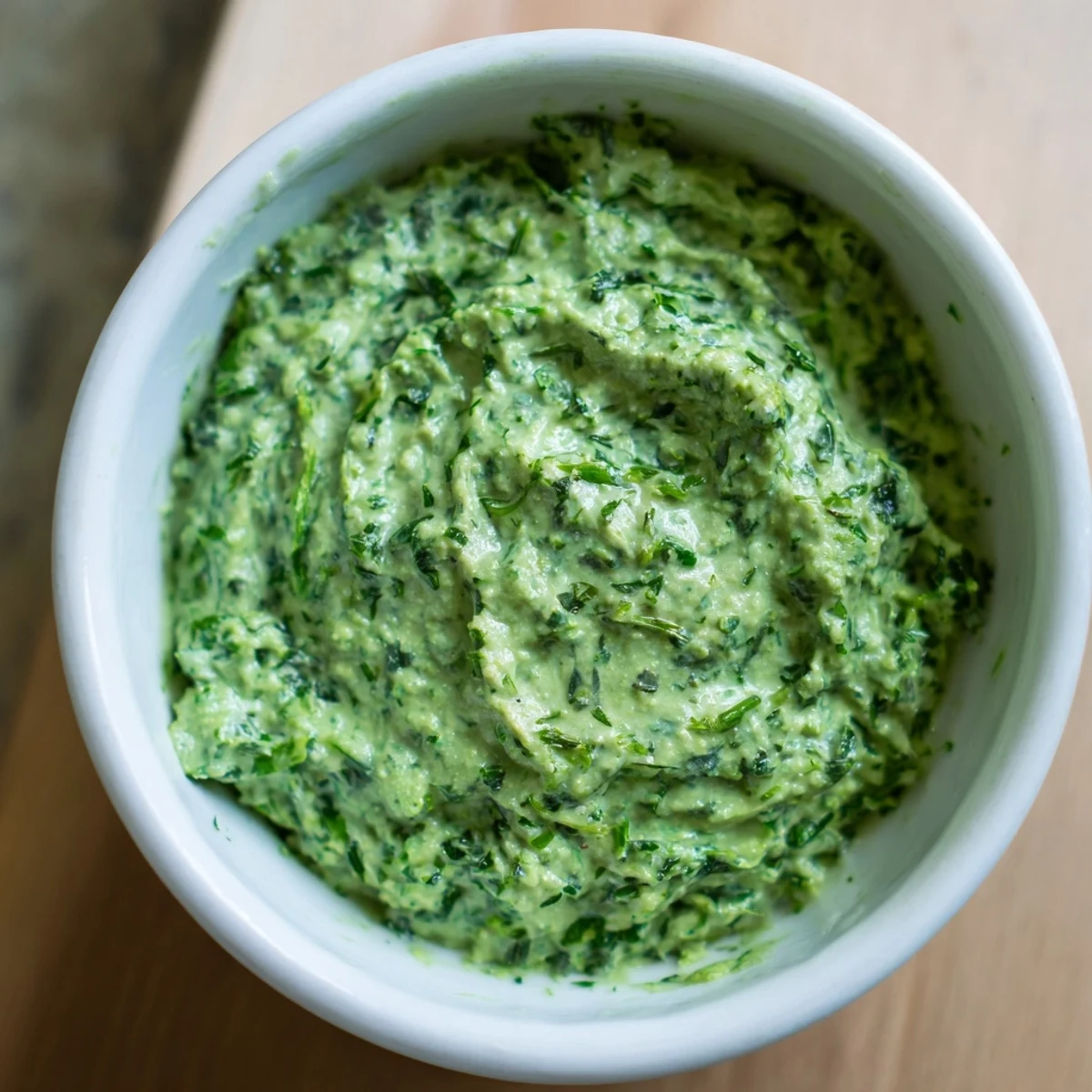 Vibrant green Green Goddess Dip, a creamy herb-packed dip ready to be scooped with crisp veggies.