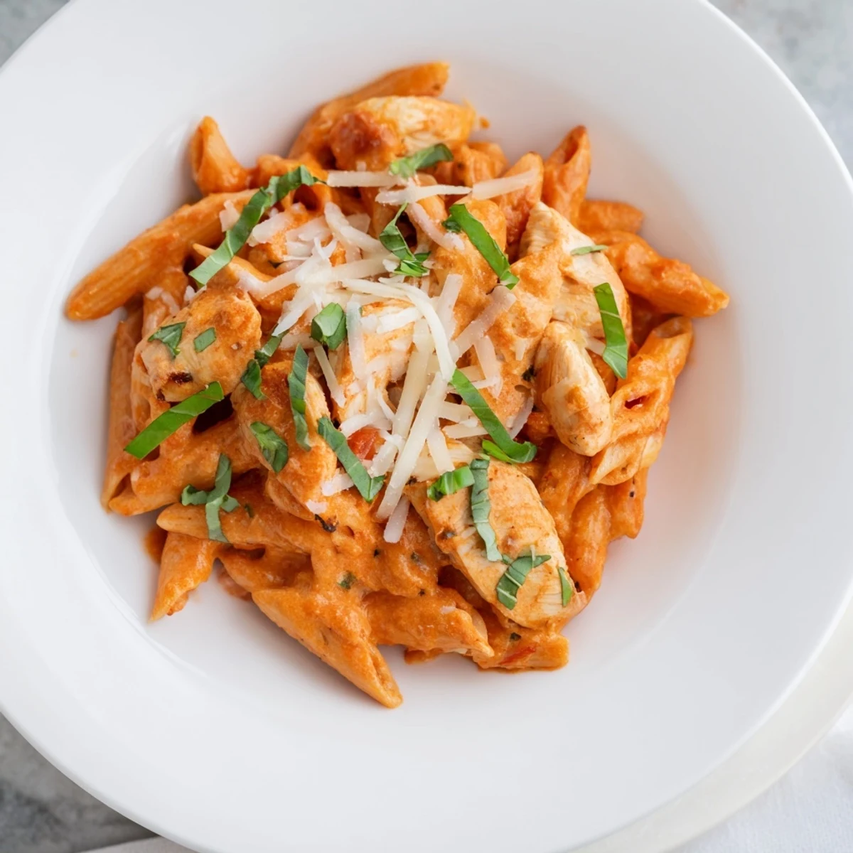 A bowl of creamy, rich Creamy Tomato Basil Chicken Pasta, perfectly coated and ready to enjoy.