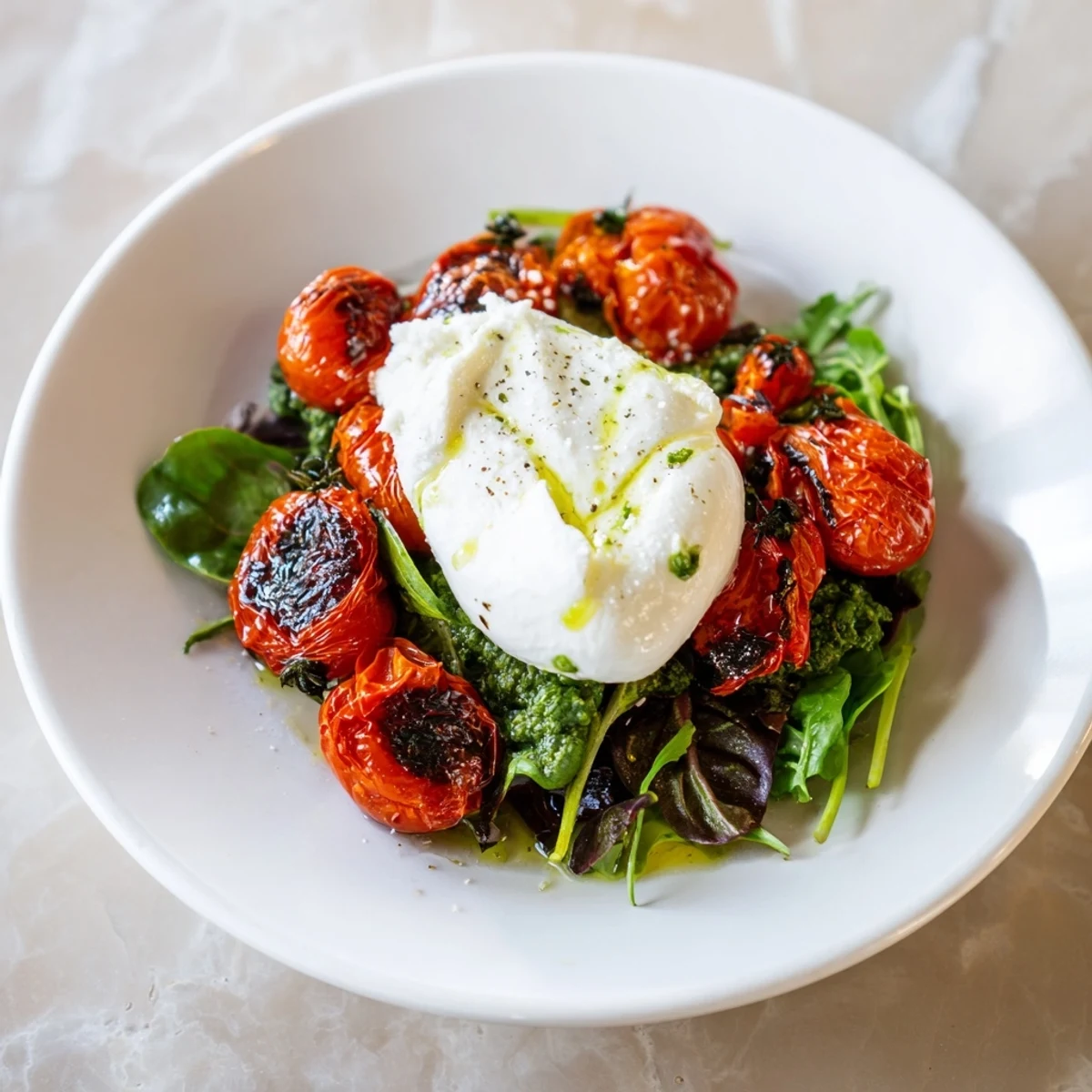 Charred Tomato Salad with Burrata: Juicy, blistered tomatoes sit atop creamy burrata, ready to enjoy.