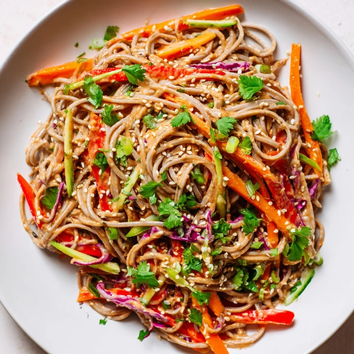Vibrant soba noodle salad tossed with colorful veggies in a creamy, sesame-peanut dressing, ready to enjoy.